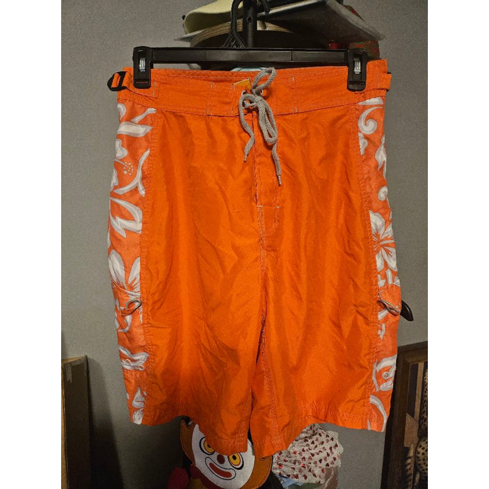 Men's Beach Swim Shorts Trunks Size 34 Orange White Aloha Hawaii Floral